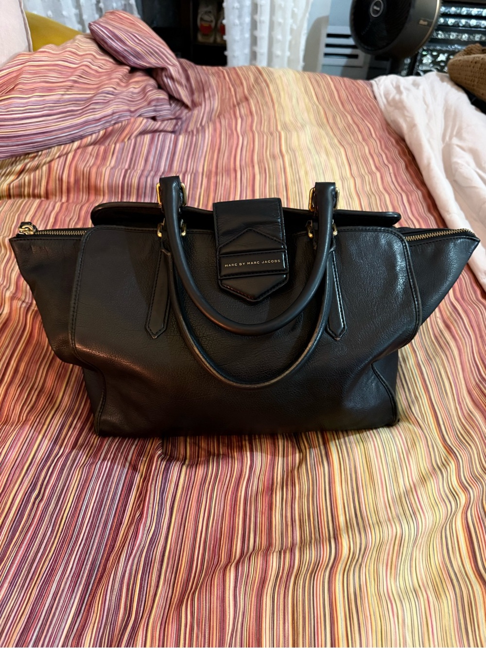 Marc by Marc Jacobs Black Leather Dual-Handle Satchel with Gold Hardware